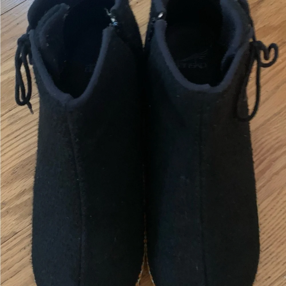 Dansko Black Suede Ankle Booties with Multicolor Braided Trim